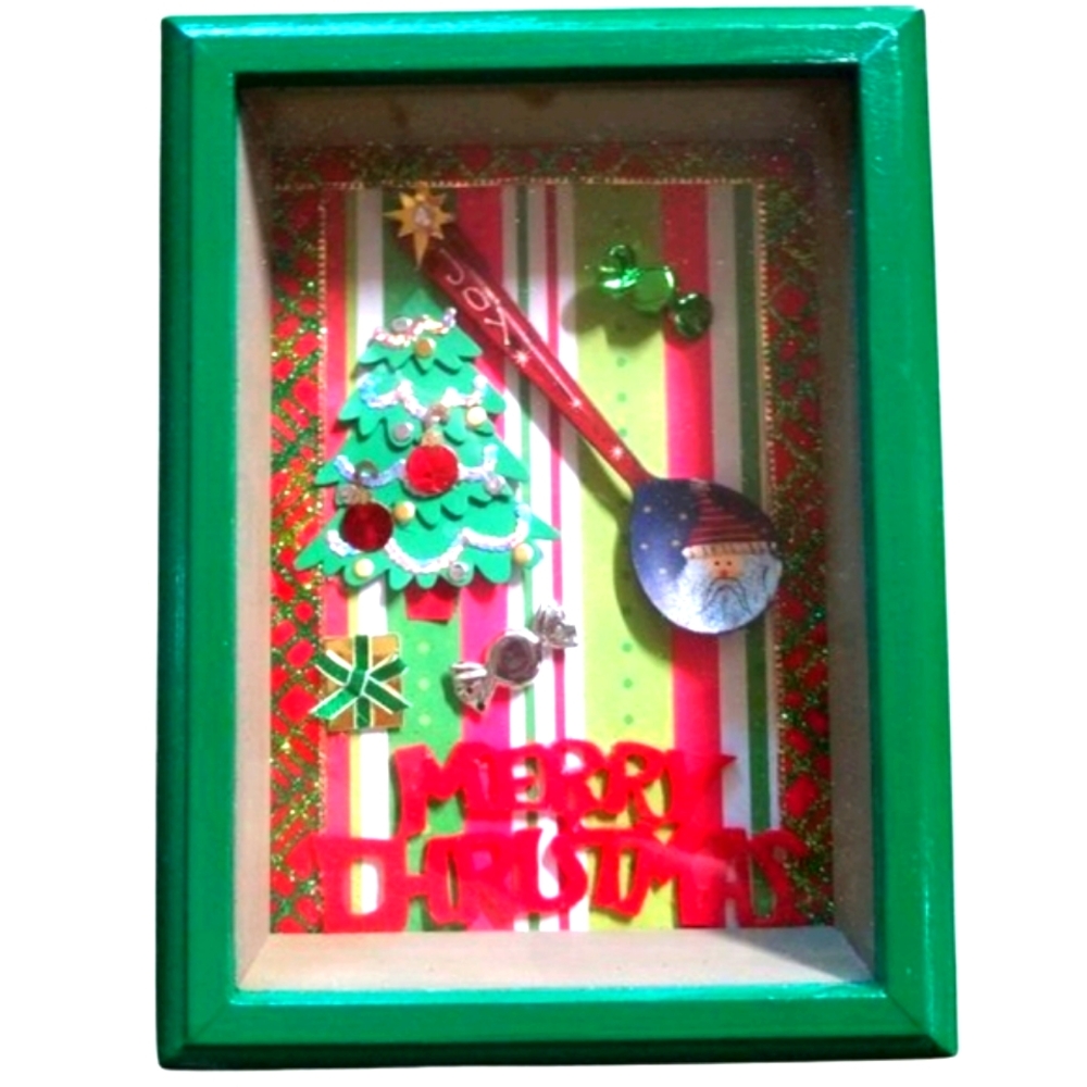 Christmas 5x7 Shadow Box of Art with painted Santa Claus Christmas Spoon